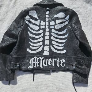 H&M Leather Jacket Skeleton Biker Moto Womens Size 14 Black Bubble Skin Texture